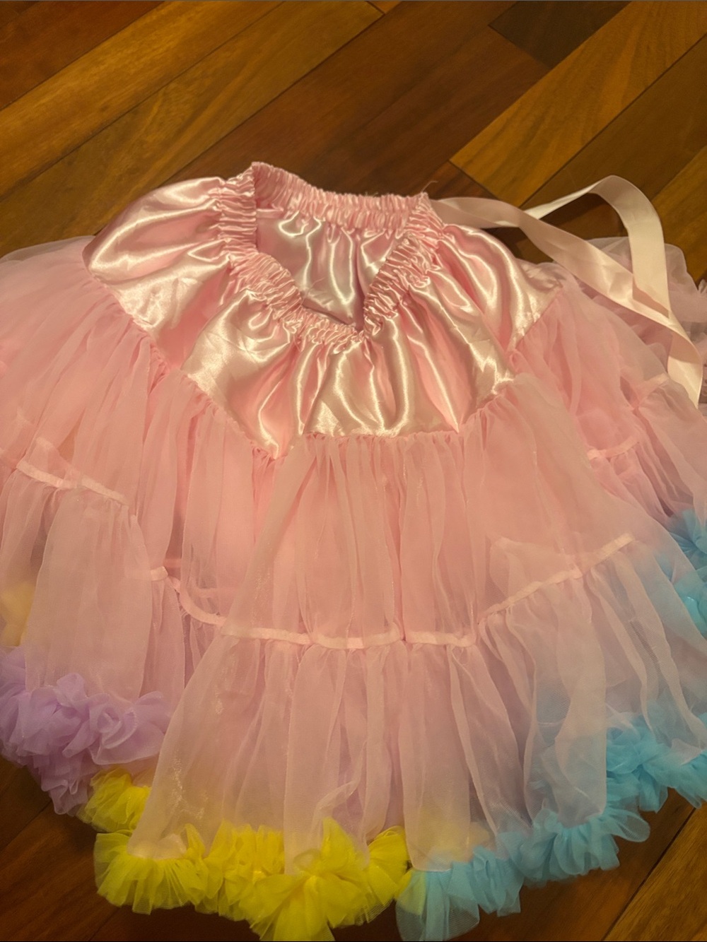 Amazon Pink Ruffled Tulle Skirt with Yellow & Blue Trim